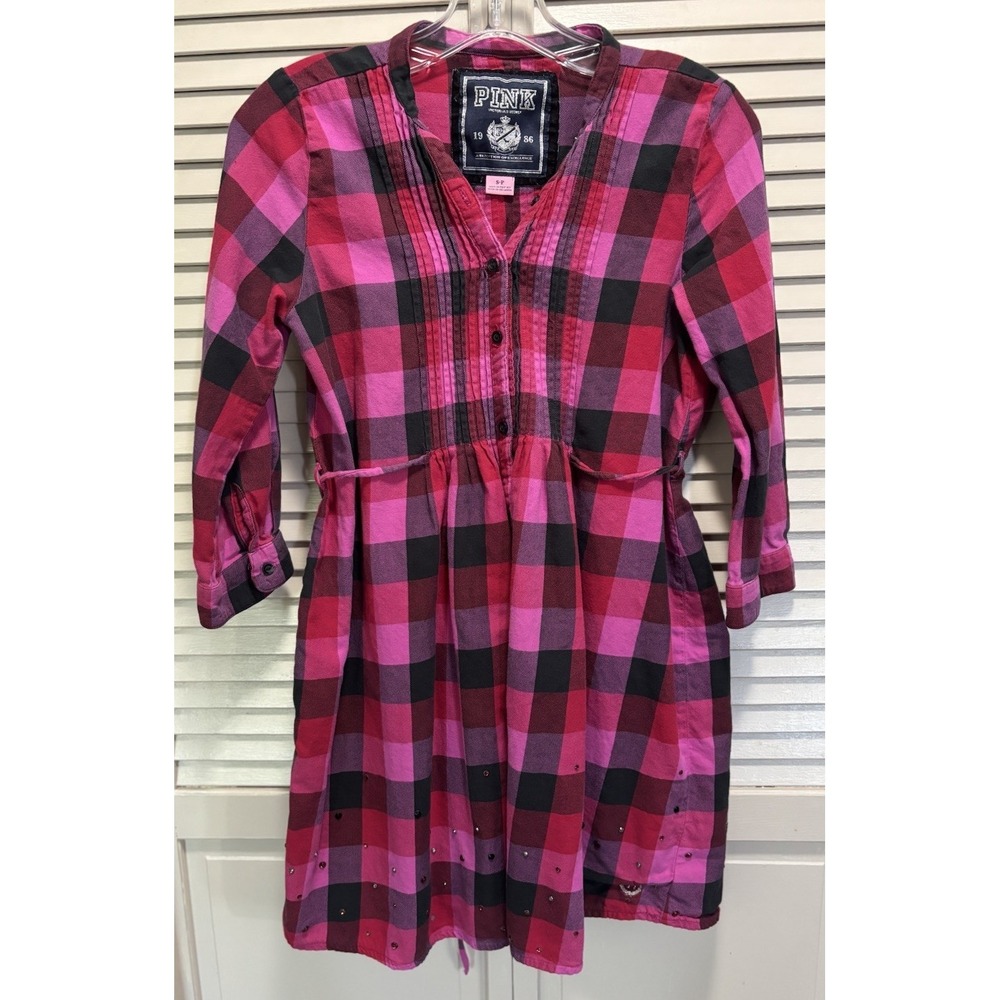 Vintage PINK Victorias Secret Plaid Top Gems Tie Back Size‎ S Button Up Pleated
